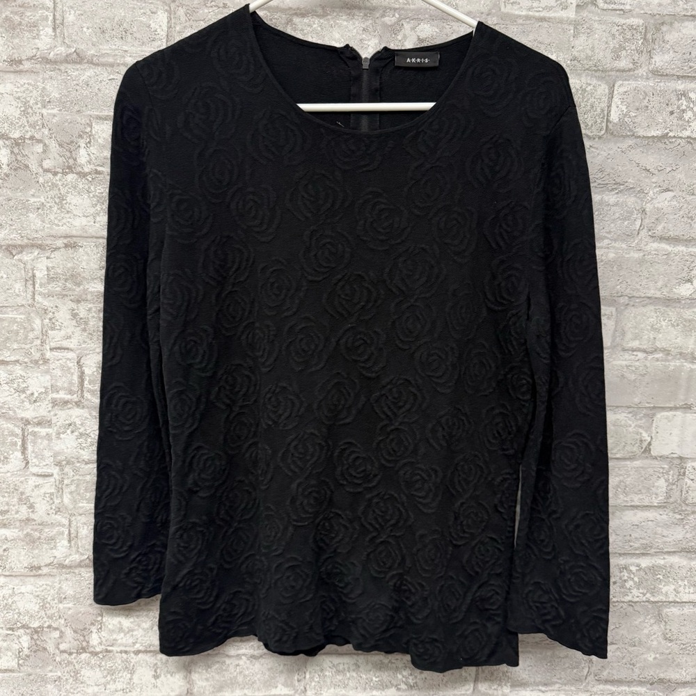 Akris‎ Black Jacquard Brocade-Style Silk Embossed Crewneck Size 10 Floral Roses
